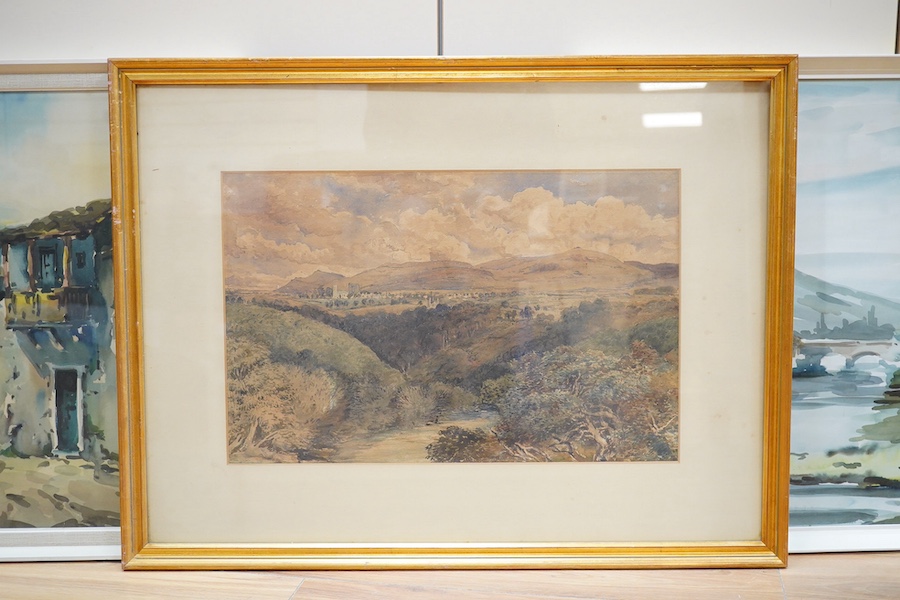 Javier Varela Guillot (20th. C), two watercolours, Northern Spanish town scenes, signed, 49 x 65cm. Condition - fair to good together with David Cox Jr. (1809-1885), watercolour, River landscape, signed and dated 1877, 3